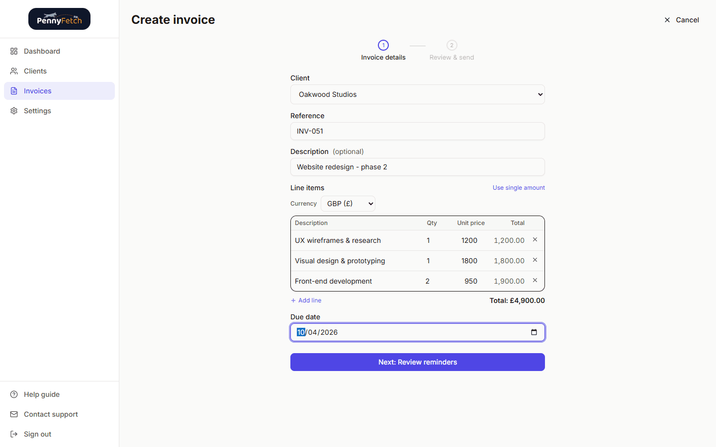 PennyFetch invoice creation form with line items, currency selector, and due date
