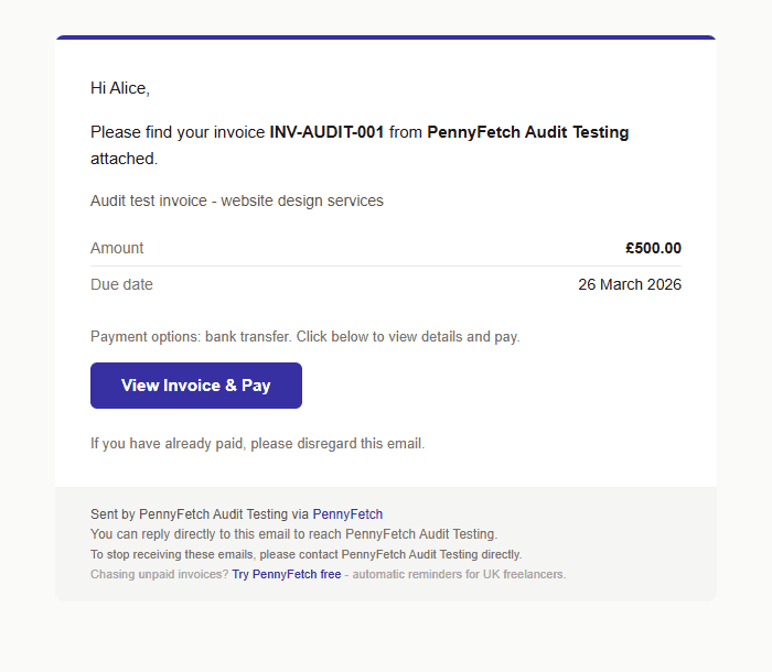 PennyFetch invoice email showing professional layout with amount, due date, View Invoice & Pay button, and business branding