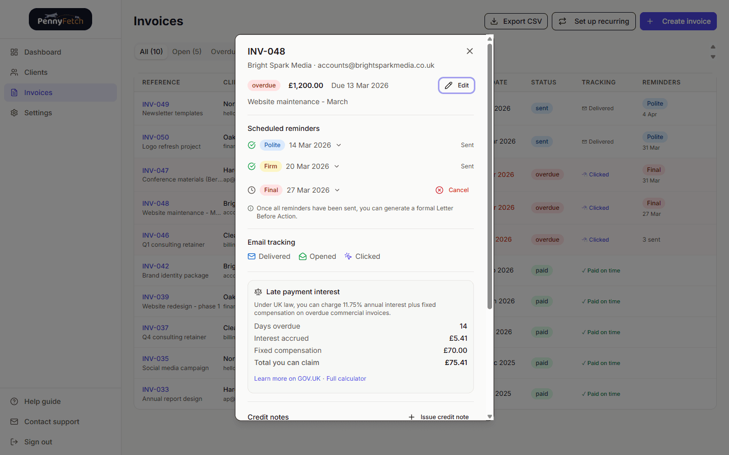PennyFetch invoice detail showing statutory interest calculation, scheduled reminders, and payment tracking