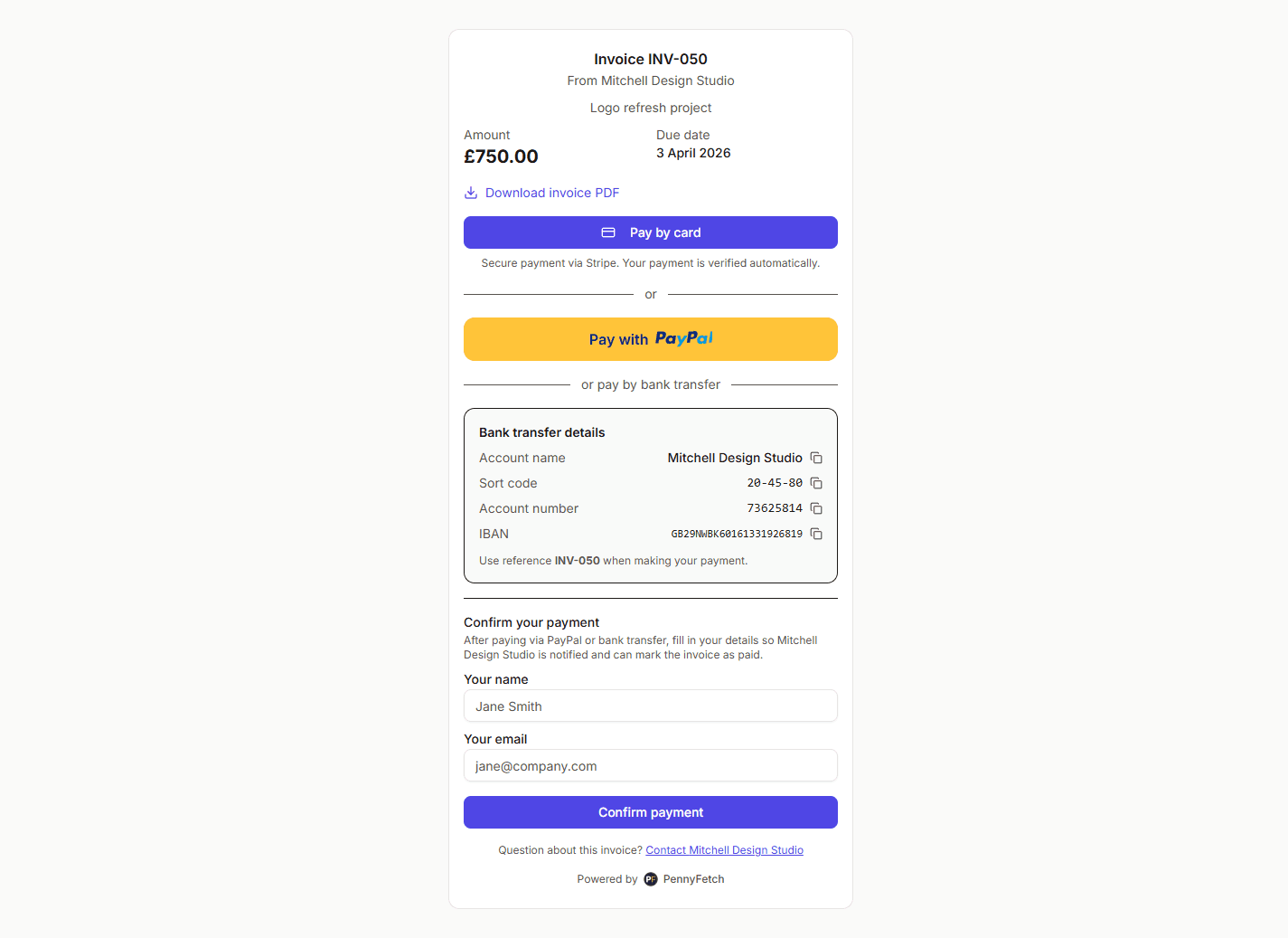 PennyFetch payment page showing card, PayPal, and bank transfer options with invoice details