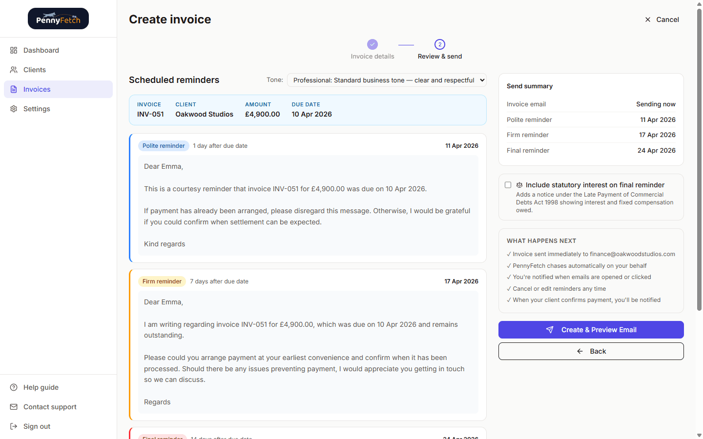 PennyFetch reminder review showing polite, firm, and final templates with tone selector and statutory interest toggle
